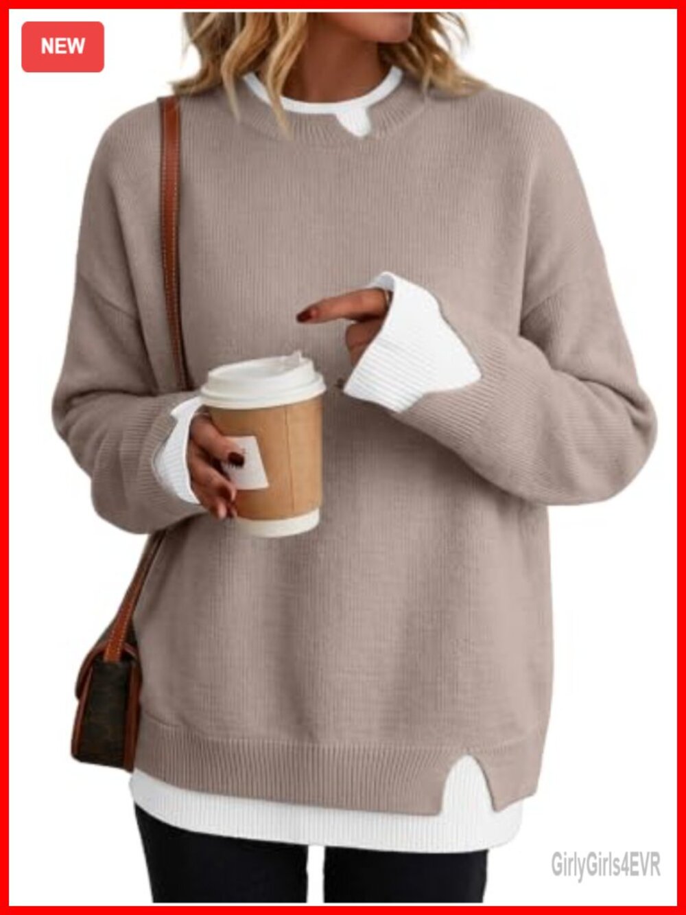 Oversized Patchwork Sweater Slit Cuff Crew Neck Viscose Blend Pullover